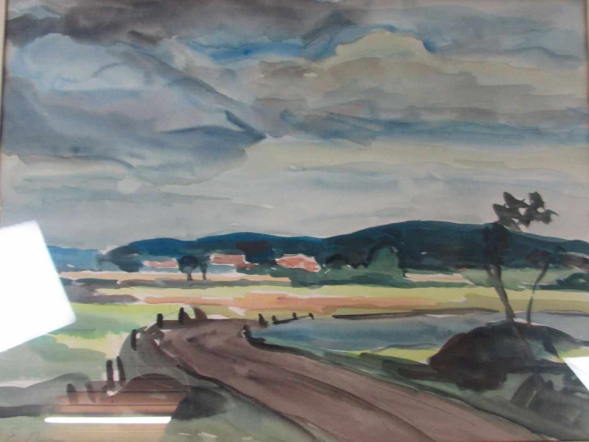 Großes Aquarell "Norddeutsche Landschaft", von Emil Brose, hinter Glas, links signiert