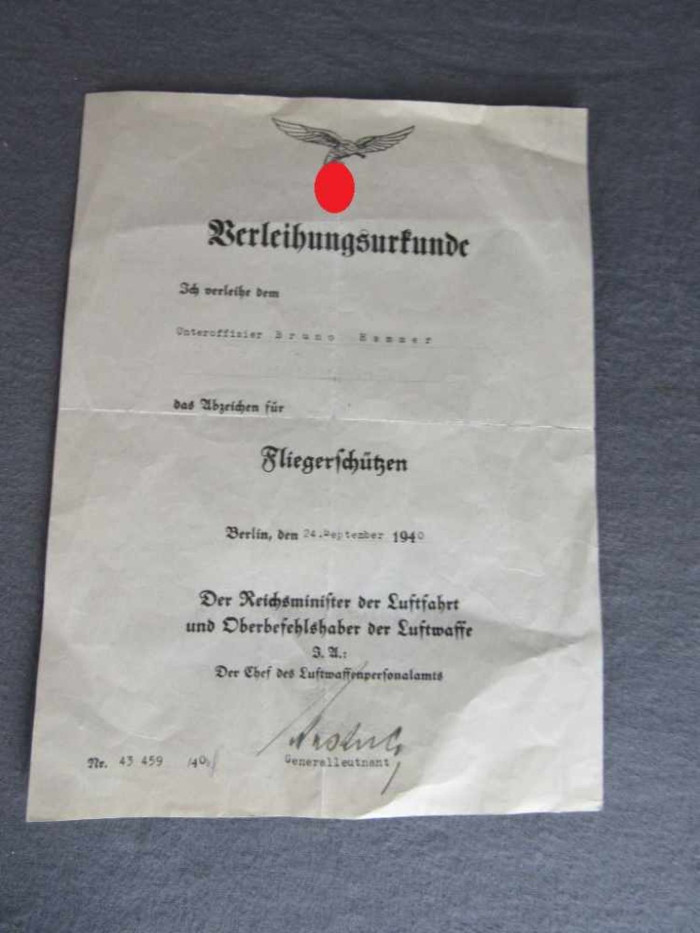 Verleihungsurkunde Luftwaffe Fliegerschützen, original 2.WK, 3. Reich