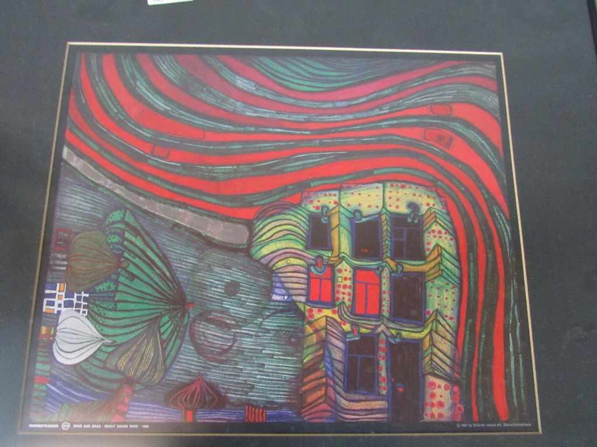 Grafik gerahmt Hundertwasser 1987 Kunstdruck Wind aus Gras 70x63cm