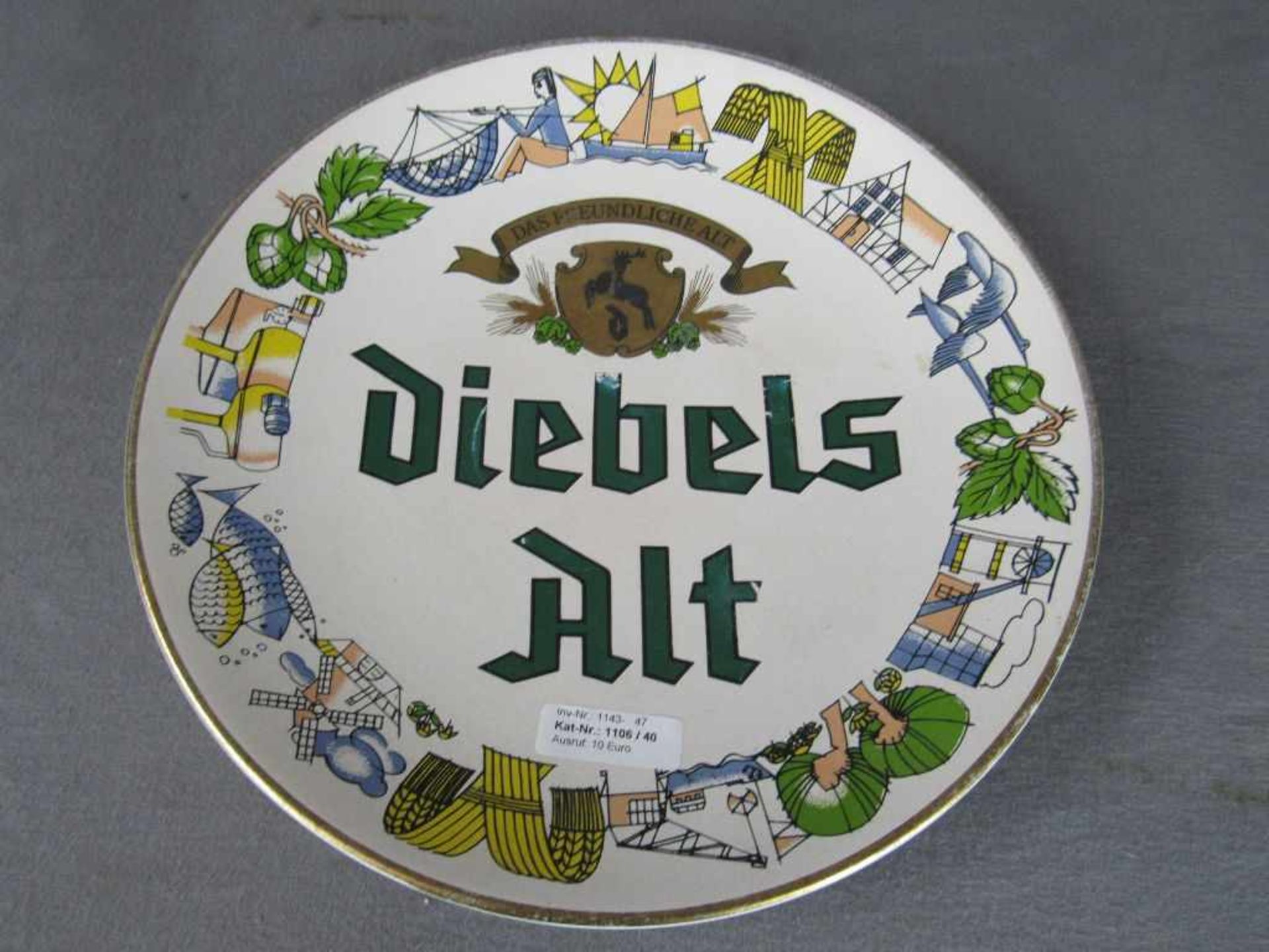 Reklameteller bemalte Keramik Bierwerbung Diebels Alt 36cm Durchmesser