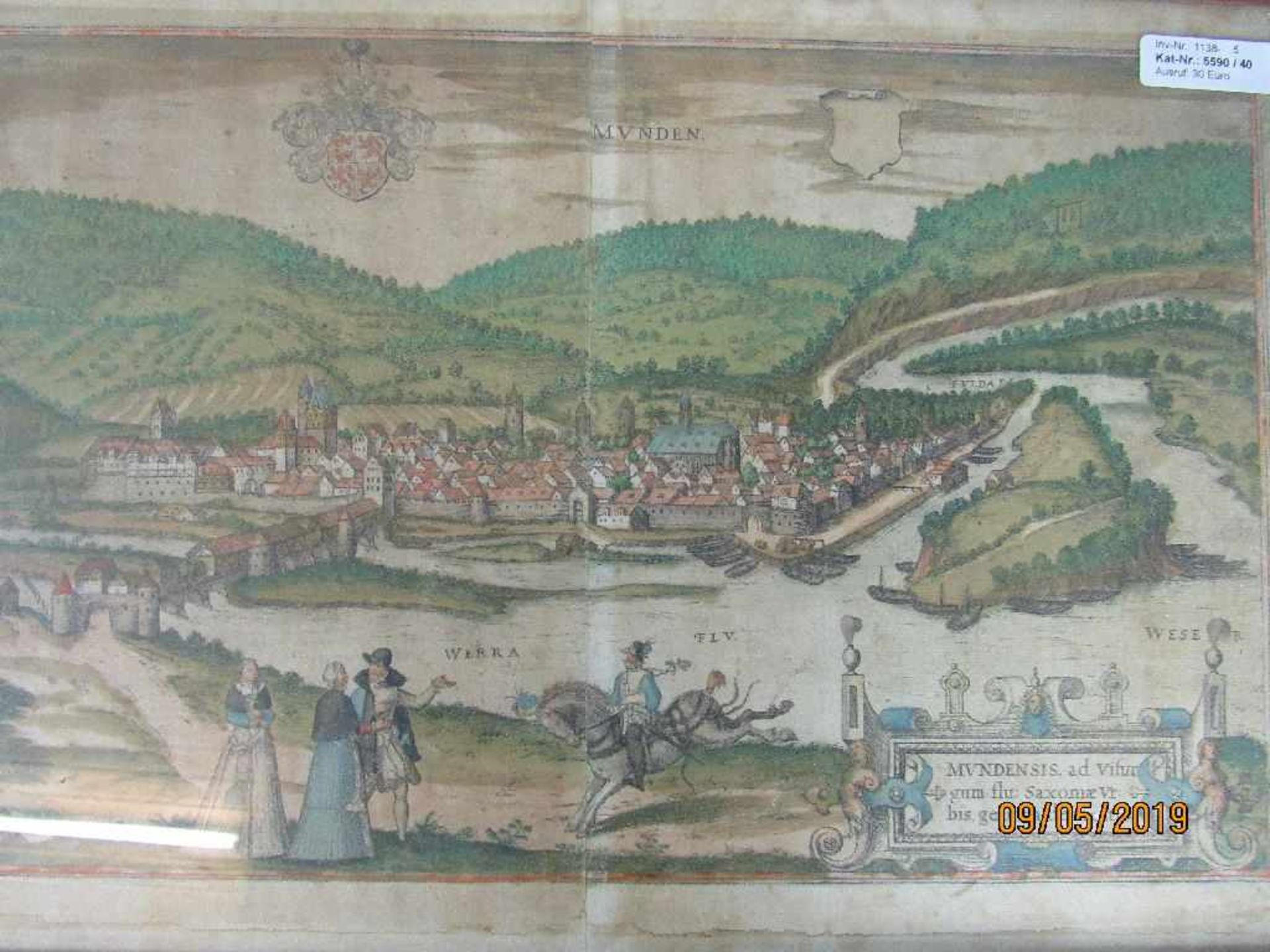 Große antike colorierte Grafik Ansicht der Stadt Minden und Fulda Blatt geschätzt um 1750 gerahmt