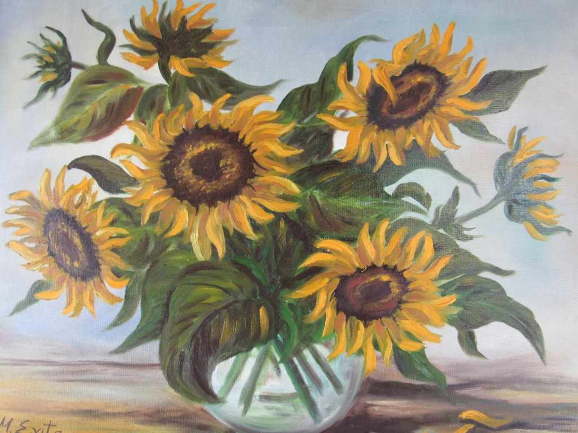 Ölgemälde Öl auf Leinwand Sonnenblumen signiert Evita 62x76cm - Bild 2 aus 4