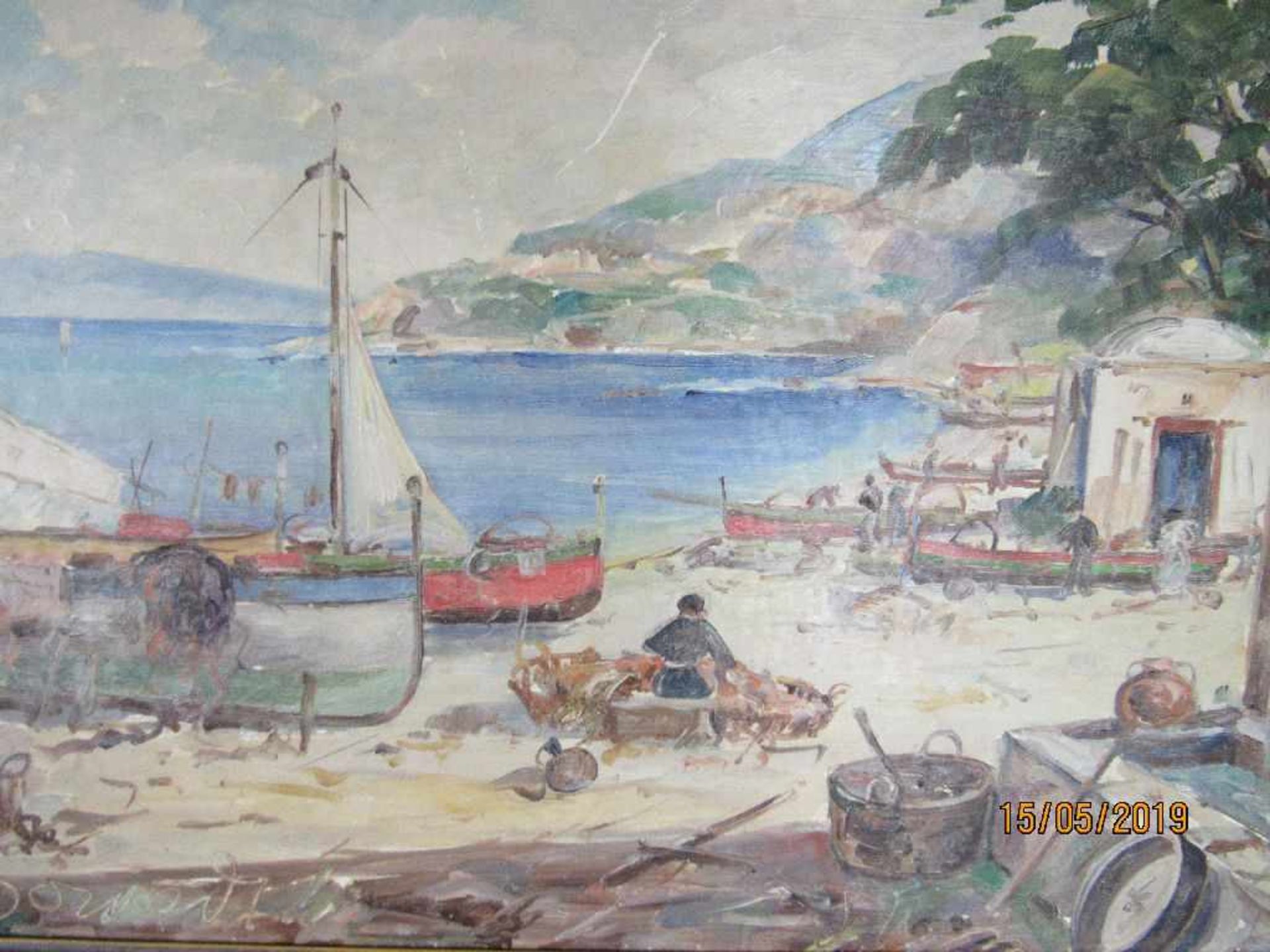 Ölgemälde italienische Hafenszene Strandpartie Italien Öl auf HF 35x45cm