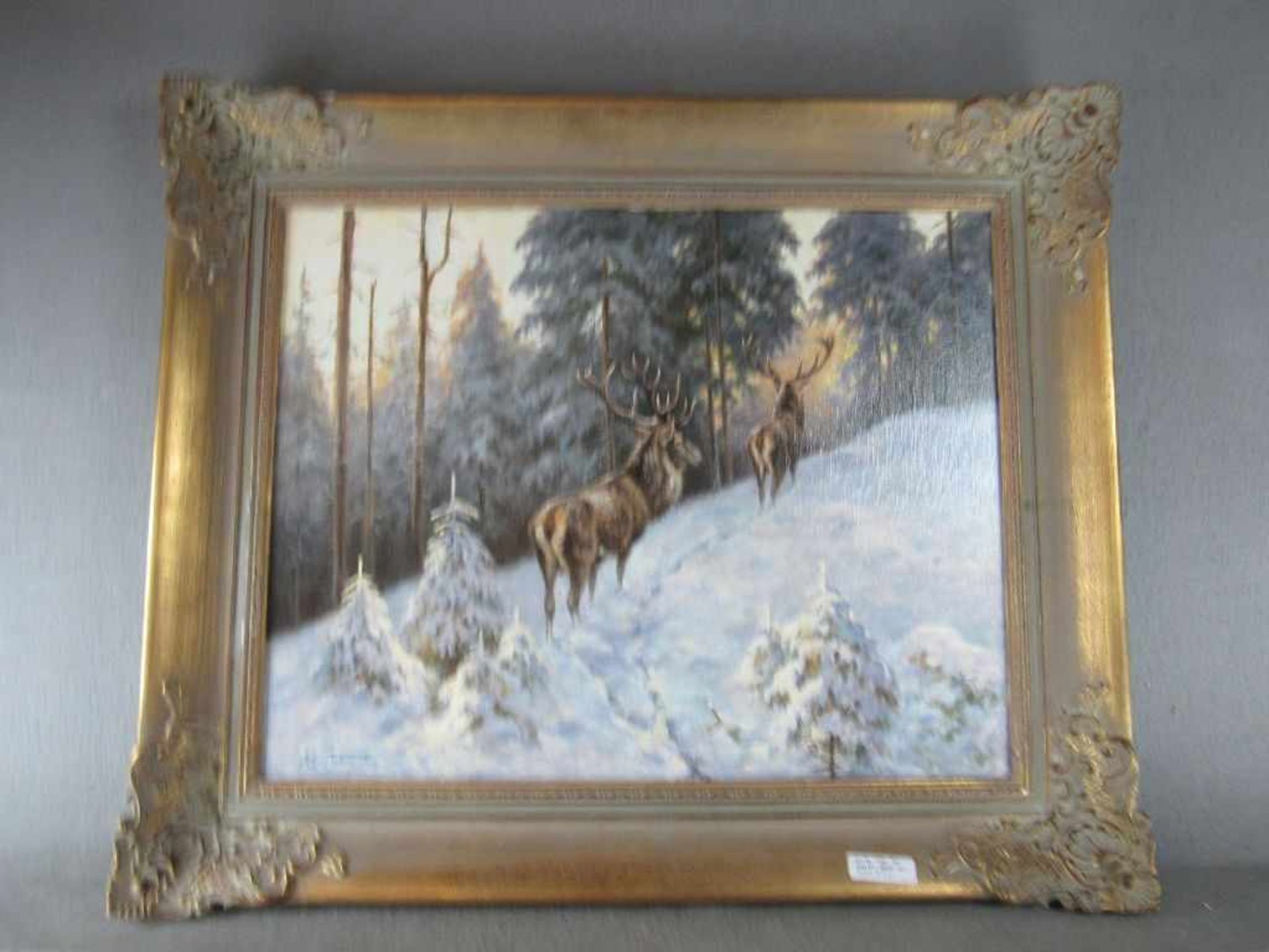 Ölgemälde Öl auf HF Hirsch im Winter unleserlich signiert 64x79cm - Image 2 of 4