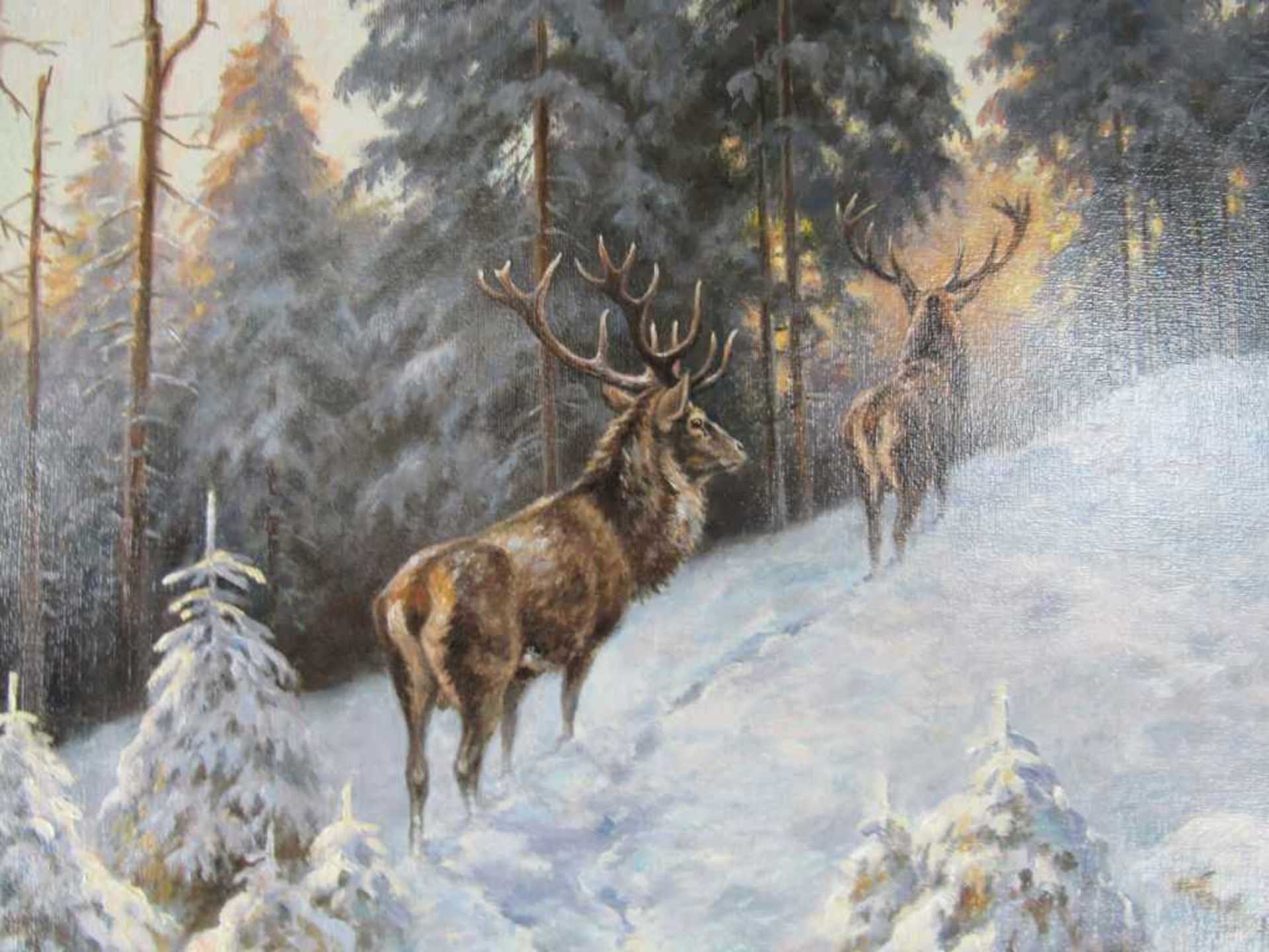 Ölgemälde Öl auf HF Hirsch im Winter unleserlich signiert 64x79cm