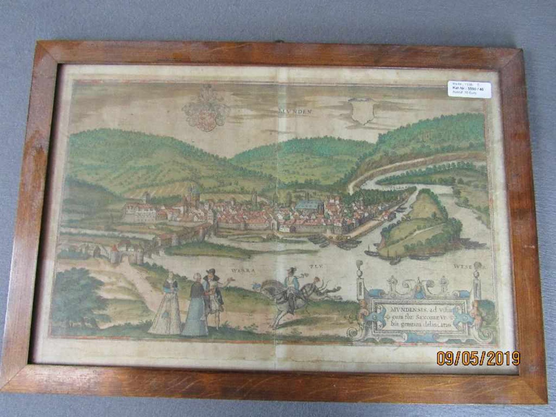 Große antike colorierte Grafik Ansicht der Stadt Minden und Fulda Blatt geschätzt um 1750 gerahmt - Bild 2 aus 4