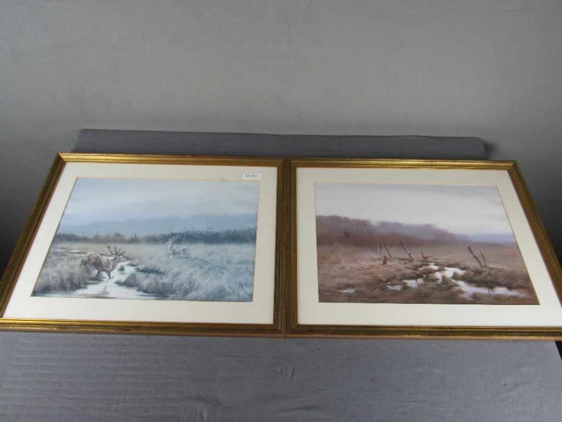 Zwei Gemälde jagliche Szenen unleserlich signiert schöne Leisten ca.65x50cm