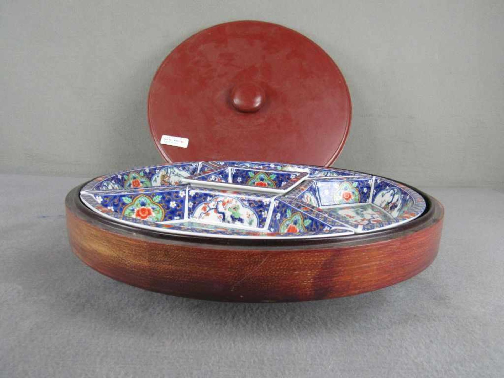 Chinesische Warmhalte bzw - Reismenagerie Schälchen in lasierter Keramik drehbare Holzschatulle - Image 2 of 5