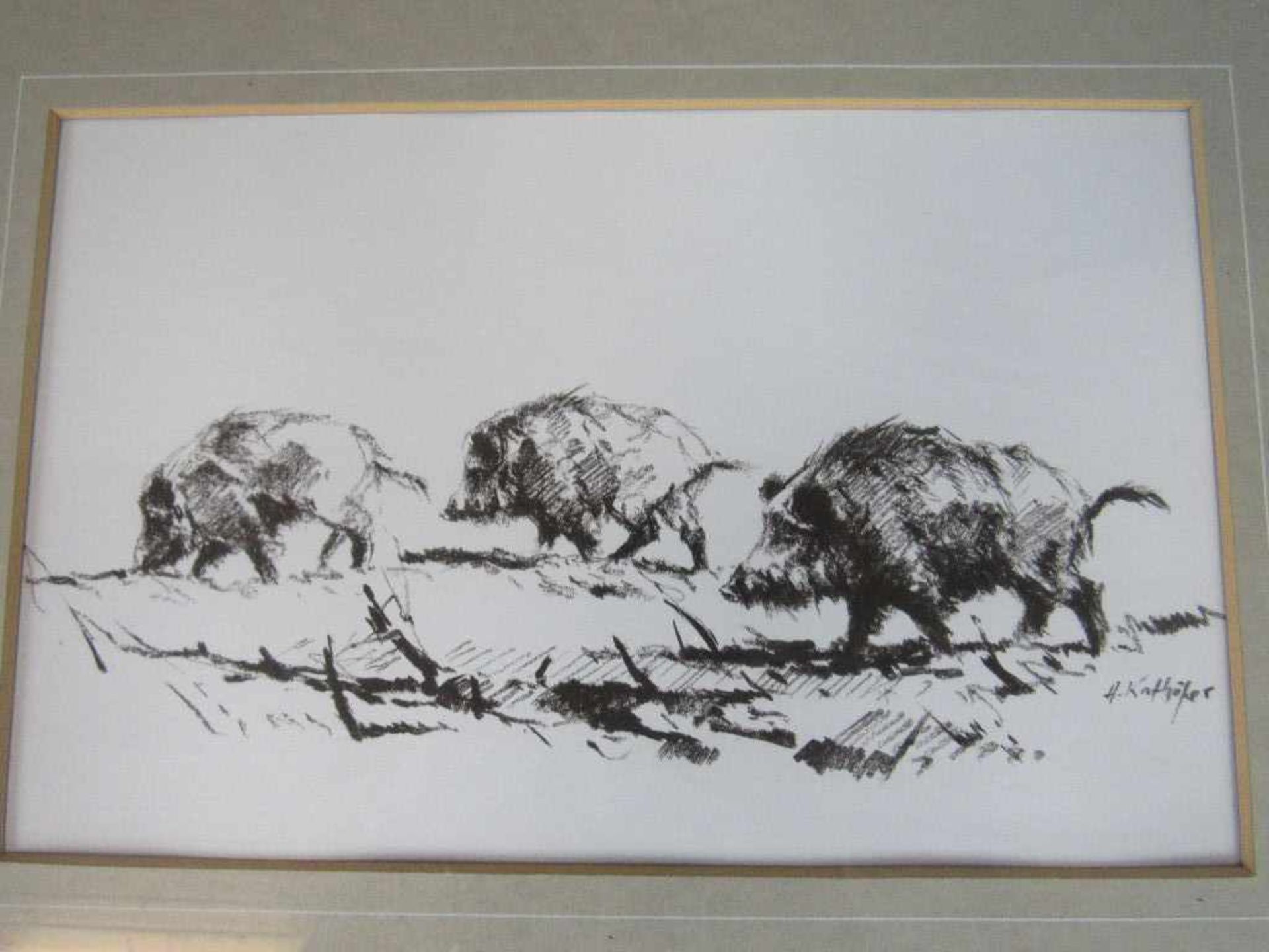 Grafik original Kreidezeichnung Kathöfer Wildschweine 38x48cm- - -20.00 % buyer's premium on the