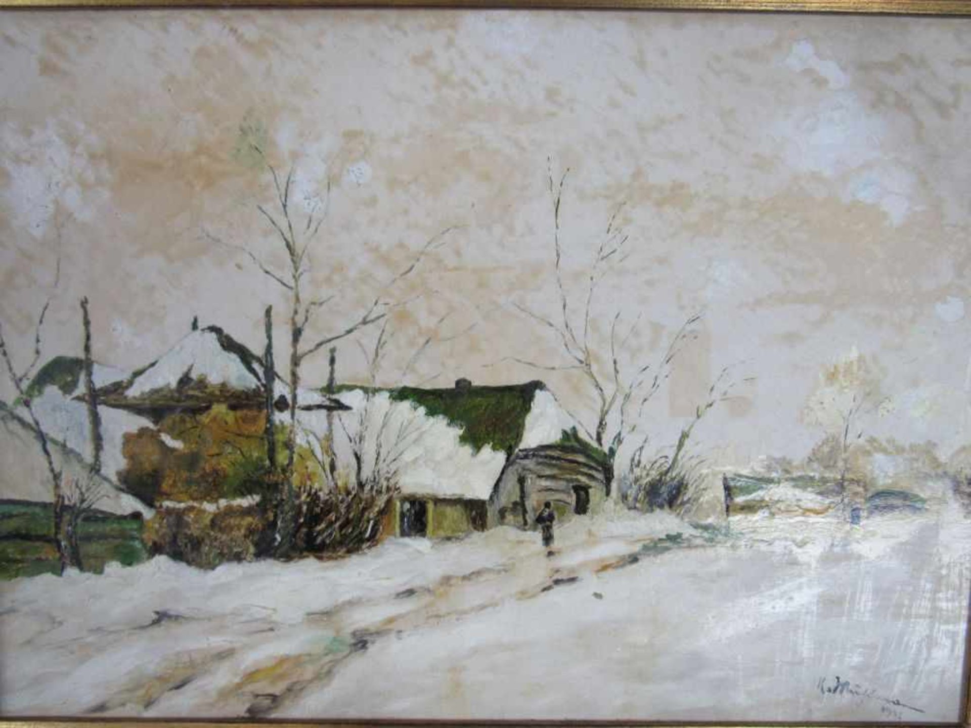 Ölgemälde Öl auf Pappe unleserlich signiert nordeutsches Gehöft im Winter 59x44cm- - -20.00 %