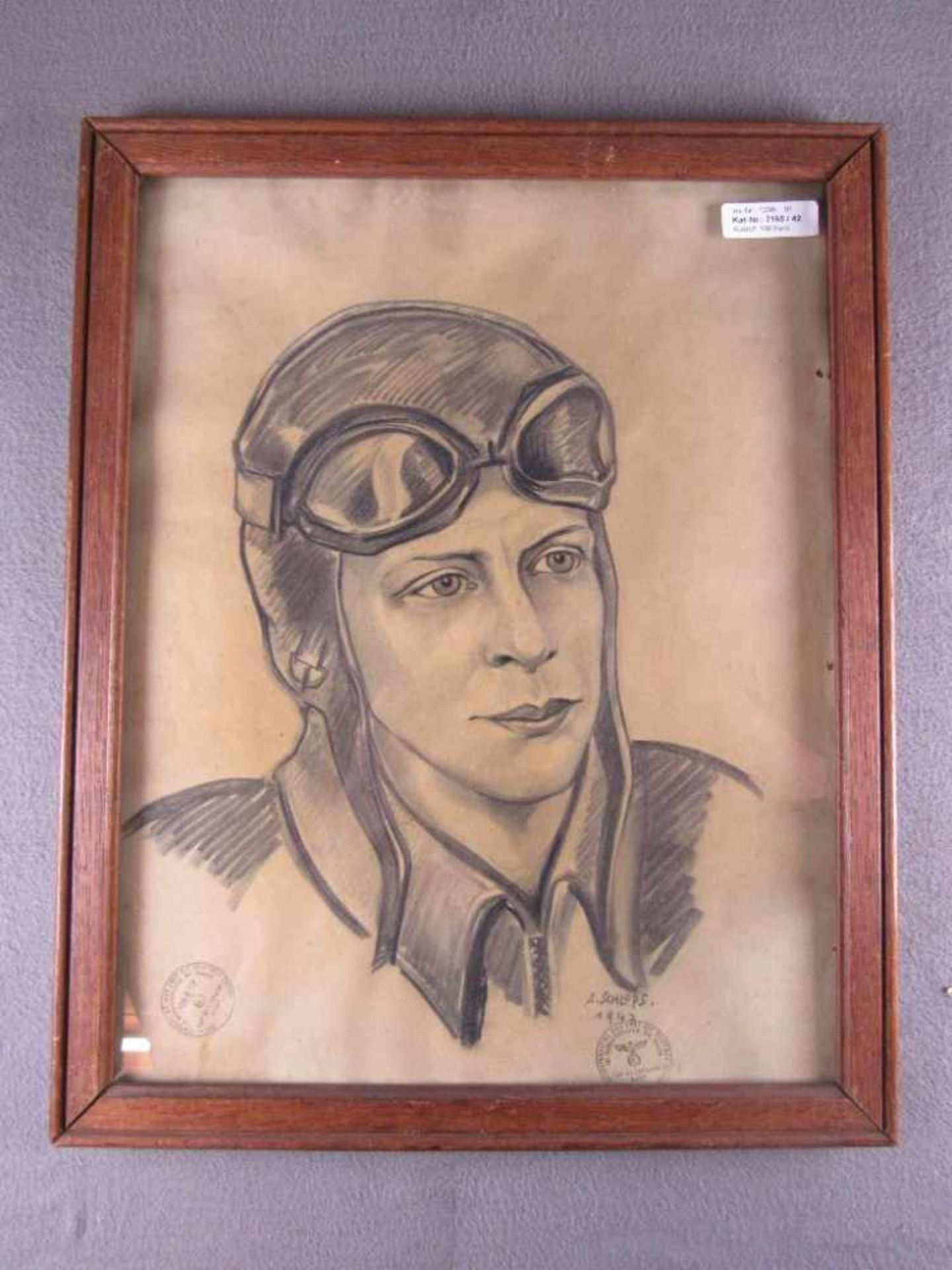 Zeichnung Kohlestift Kohlezeichnung 2.WK Portrait eines Kampffliegers signiert Schlops 42 mit - Bild 2 aus 4