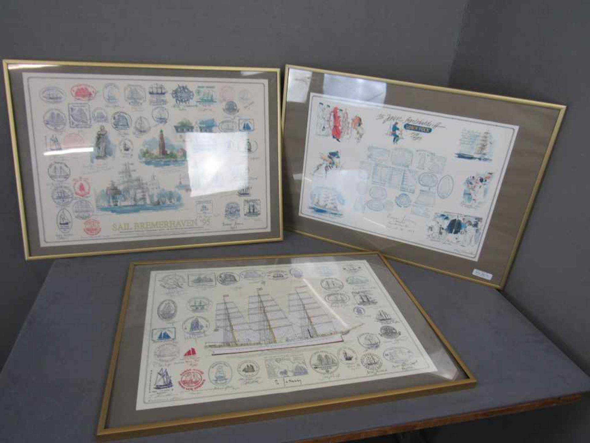 Drei Grafiken maritim Seefahrt Sammlung von vielen Linien überwiegend mit original Signaturen