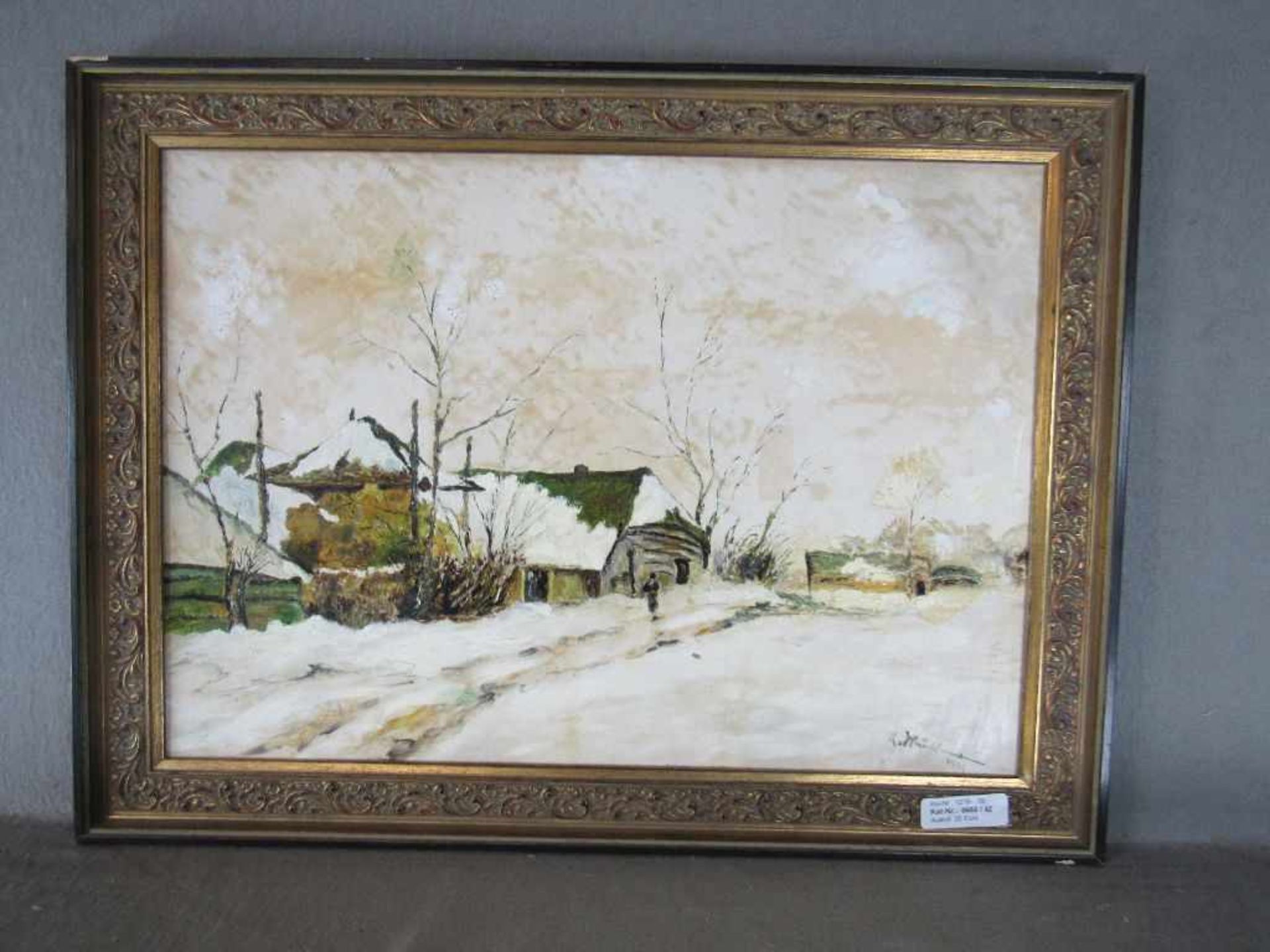 Ölgemälde Öl auf Pappe unleserlich signiert nordeutsches Gehöft im Winter 59x44cm- - -20.00 % - Bild 2 aus 4