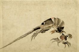 China, Anf. 20. Jh.Krabbe und Krebs. Farbige Tuschpinselzeichn. 16 x 33 cm,