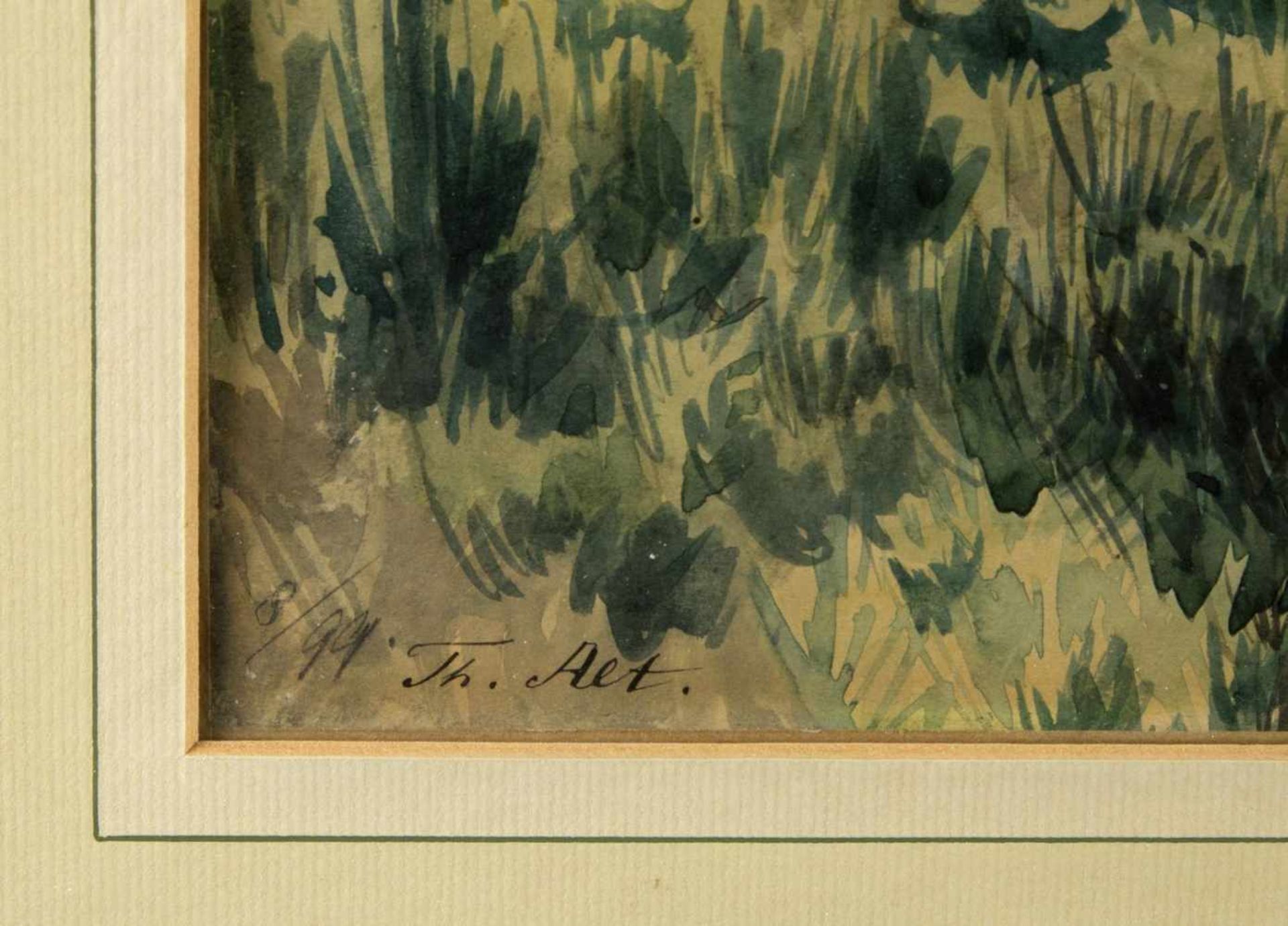 Alt, Theodor. 1846 Döhlau - Ansbach 1937Sommerlicher Waldbach. Aquarell. Sign. und dat. (18)99. 38 x - Bild 2 aus 2