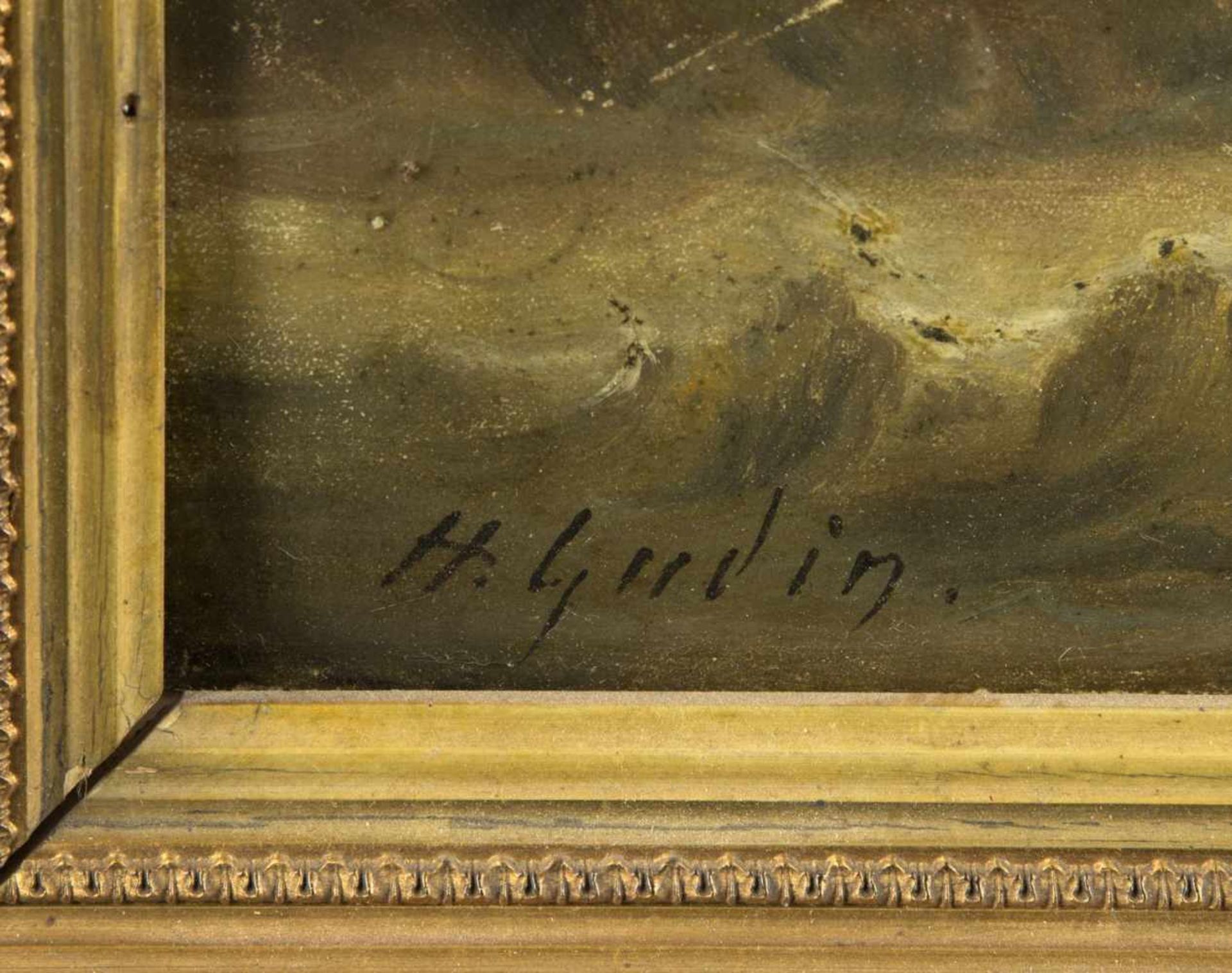 Gudin, Herminie. 1825 - 1876Havarie eines Segelschiffes vor einer felsigen Küste. Öl/Holz. Sign. - Bild 2 aus 3