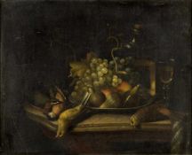 Unbekannt, Ende 19. Jh.Stillleben mit Obst, Vögeln und einem Weinglas. Öl/Lwd. 56 x 67 cm.
