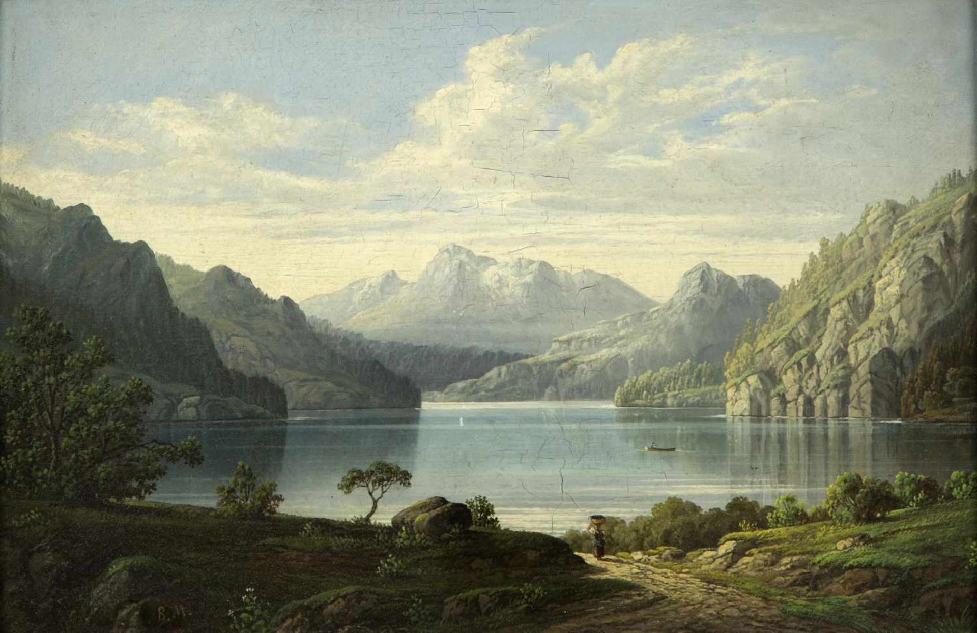 Monogrammist B.M.Sommerlicher Bergsee. Öl/Karton. Monogr. 25,5 x 38,5 cm. Gerahmt.