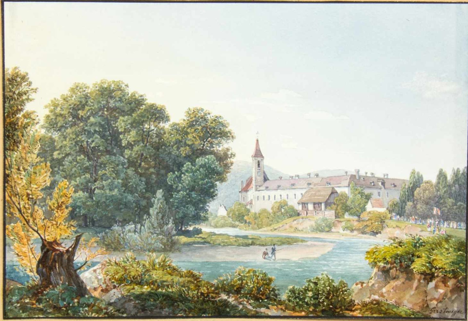 Gerstmeyer, Joseph. 1801 - 1870Prozession an einem Kloster mit Kirche an einem Fluss. Aquarell.