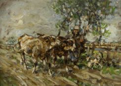 Seyler, Julius. 1873 - München - 1958Bäuerin mit Hund und zwei Rindern auf einem Feldweg. Öl/Karton.