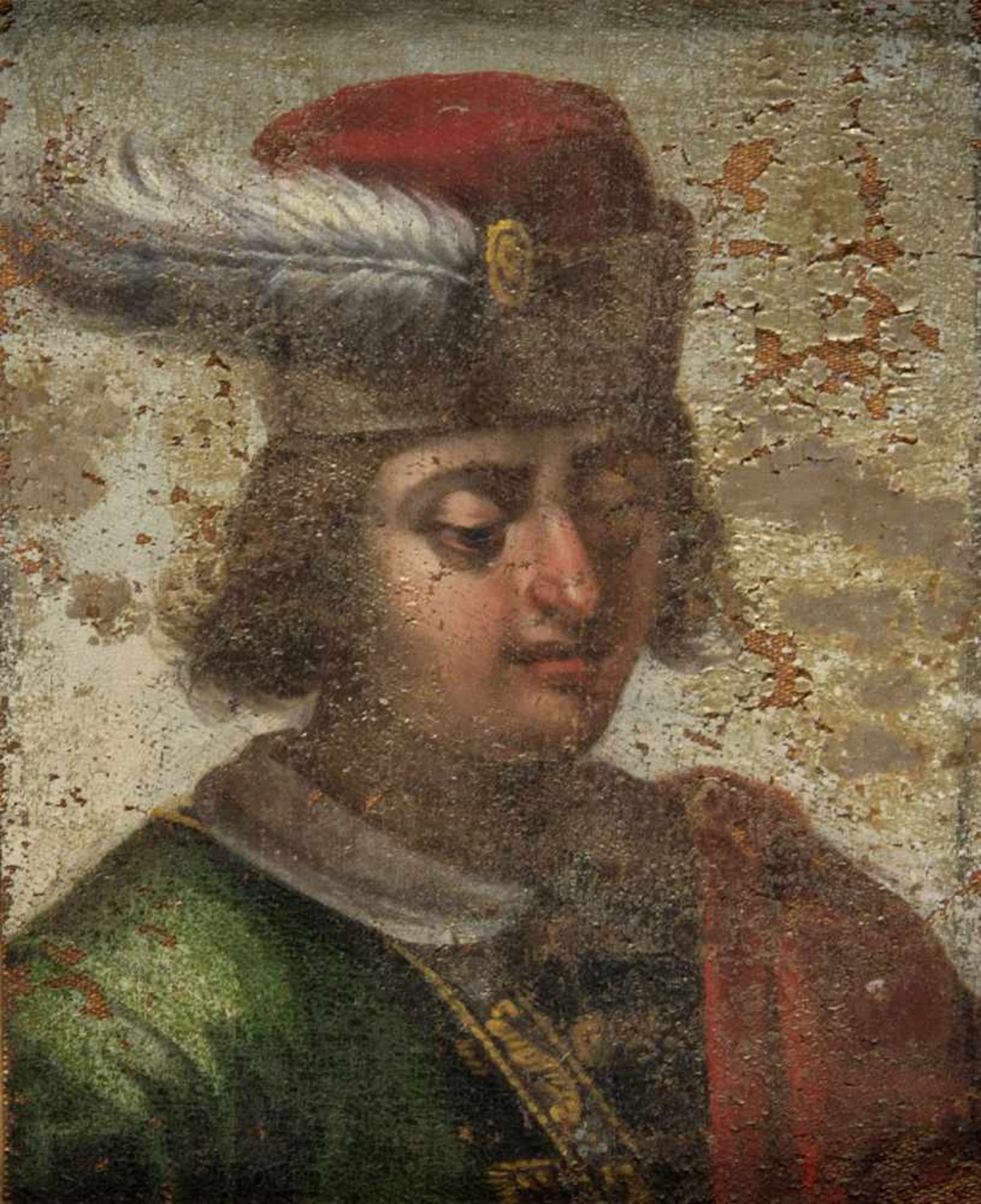 UnbekanntBrustbild eines jungen Mannes mit Federhut. Heiligendarstellungen. 4 Gem. Öl/Lwd. bzw. - Bild 3 aus 5