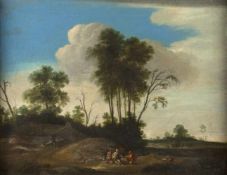 Niederlande, 18. Jh.Landschaft mit allegorischer Szene. Öl/Lwd., doubliert. 46 x 59 cm. Gerahmt.