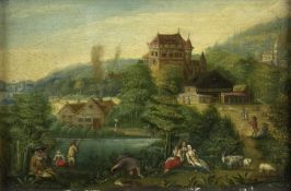 Deutsch, Ende 18. Jh.Ideallandschaft mit einer Burg und Personen an einem See. Öl/Blech. 16 x 24 cm.