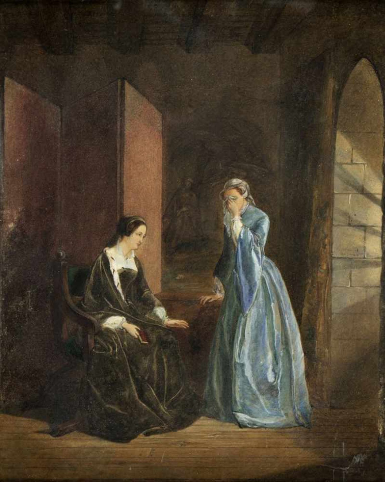 Unbekannt, 19. Jh.Zwei Damen in einem Kabinett (mögl. Maria Stuart und Elisabeth I.). Aquarell. 45 x