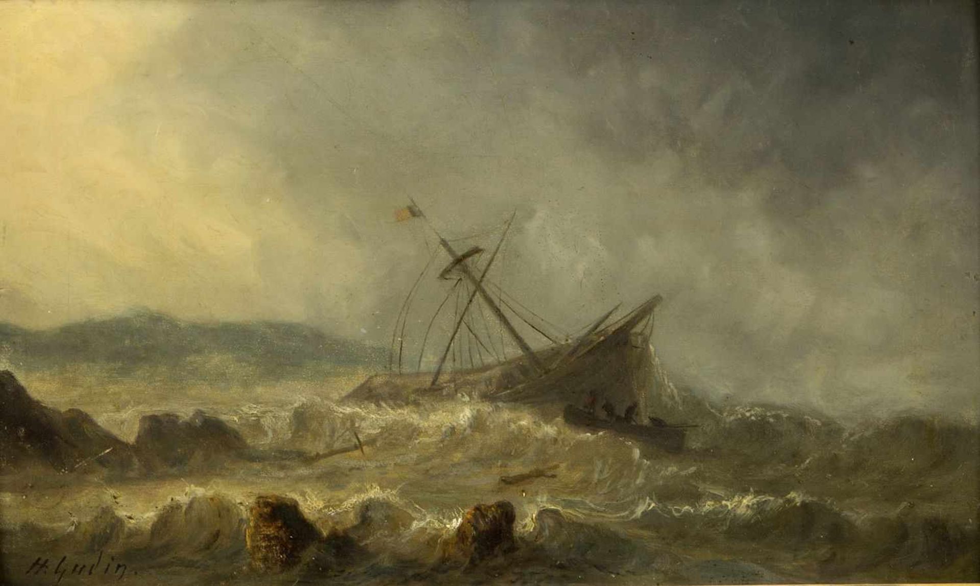 Gudin, Herminie. 1825 - 1876Havarie eines Segelschiffes vor einer felsigen Küste. Öl/Holz. Sign.