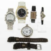 Konvolut von 4 Armbanduhren und 1 TaschenuhrEin Ex. Gelbgold 585 mit 8/8-Dia., Stahl u.a. Marken: