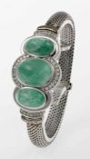 Smaragd-Diamant-ArmbandWeißgold 585. Mittelstück ausgefasst mit 3 ovalen Smaragdcabochons und