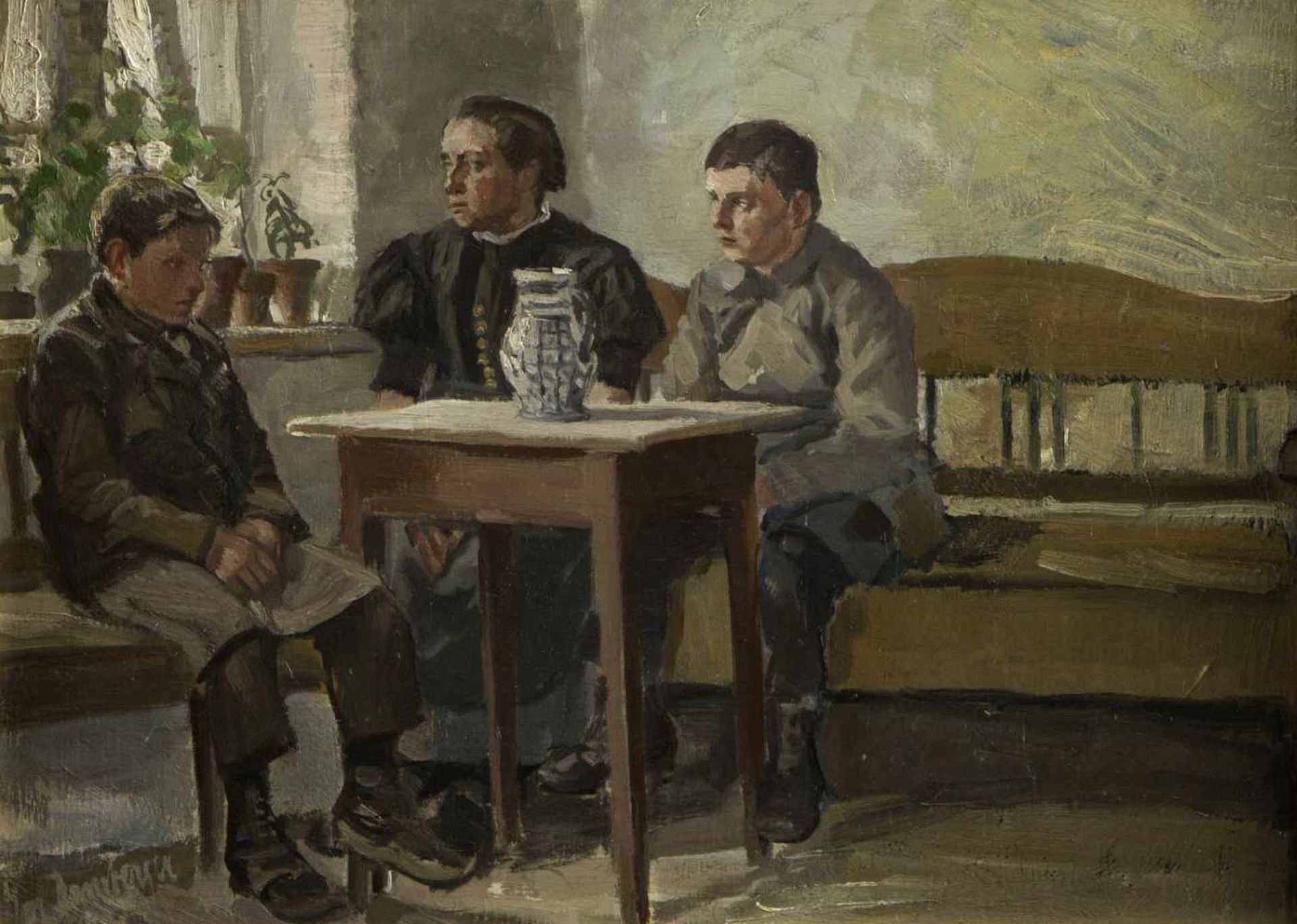 Damberger, Josef. 1867 - München - 1951Mutter wartet in der Stube mit ihren Buben auf Besuch. Öl/