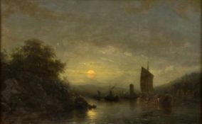 Barnouw Cz, Nicolaas. 1809 Schiedam - Overschie 1873Vollmond über einem Fluss mit Schiffen. Öl/Holz.