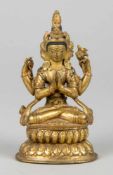Bodhisattva AvalokitesvaraBronze, vergoldet und partiell bemalt. Auf einem Lotossockel im
