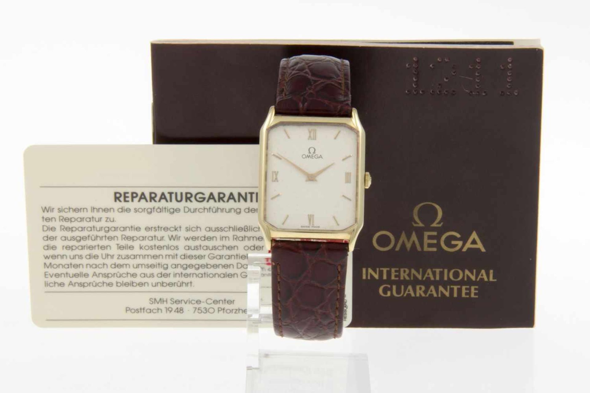 Omega-ArmbanduhrRechteckiges Gehäuse aus Gelbgold 585. Beiges Zifferblatt mit Indizes und röm. - Bild 7 aus 7