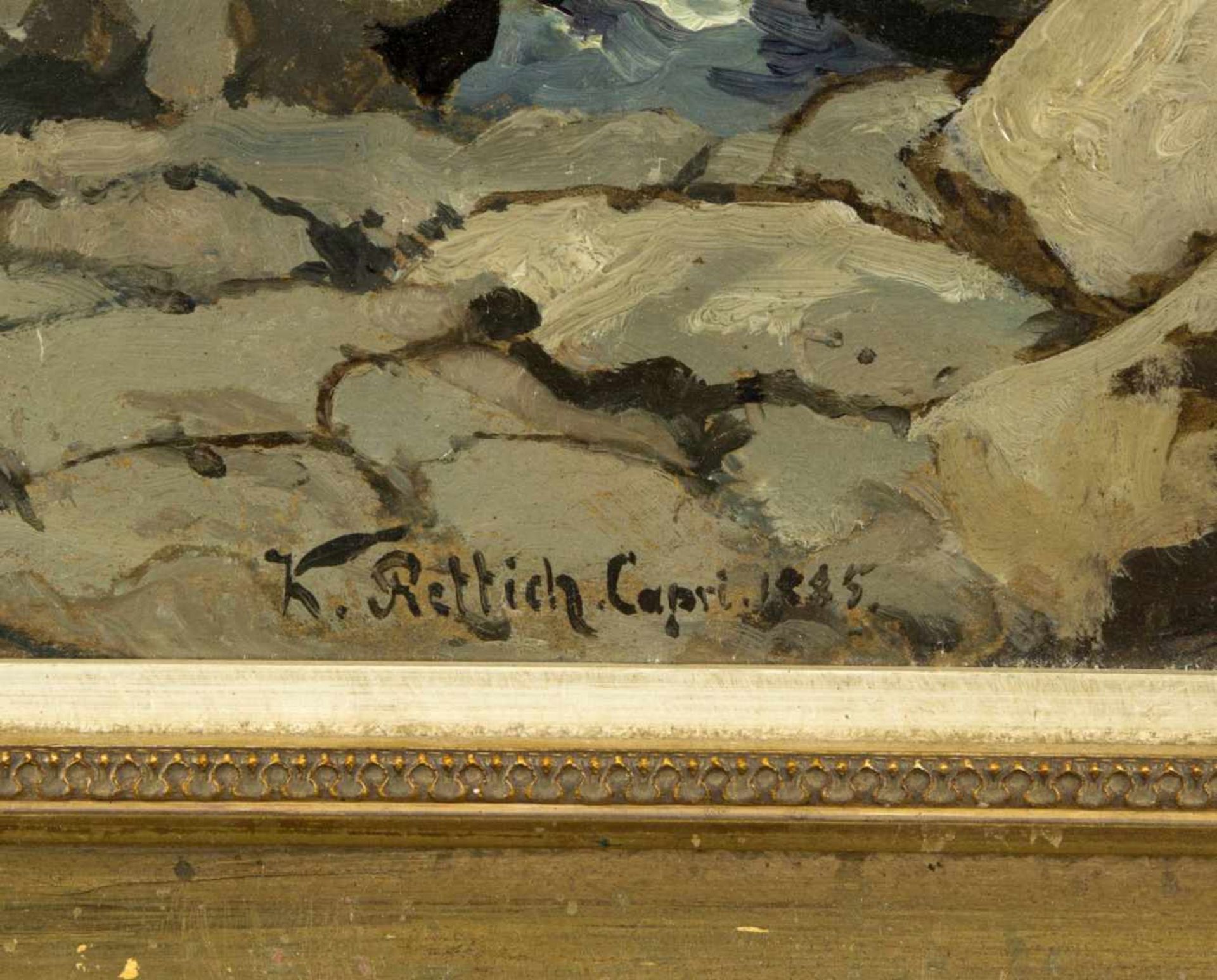 Rettich, Karl. 1841 Rosenhagen - Lübeck 1904Felsige Küste auf Capri. Öl/Karton. Sign. und dat. 1885. - Bild 2 aus 3