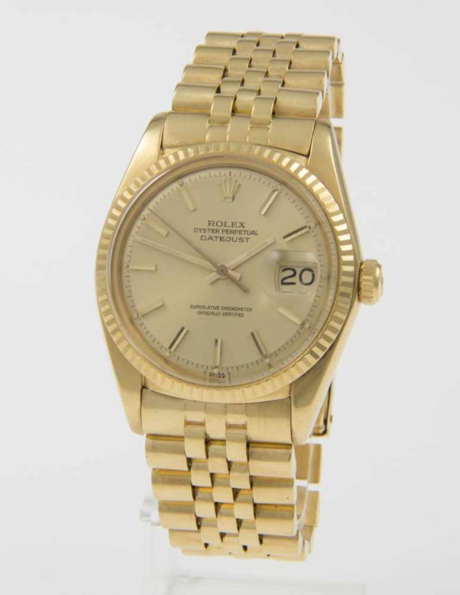 Rolex-Armbanduhr DatejustGehäuse und Armband aus Gelbgold 750. Plexiglas. Vergoldetes Zifferblatt
