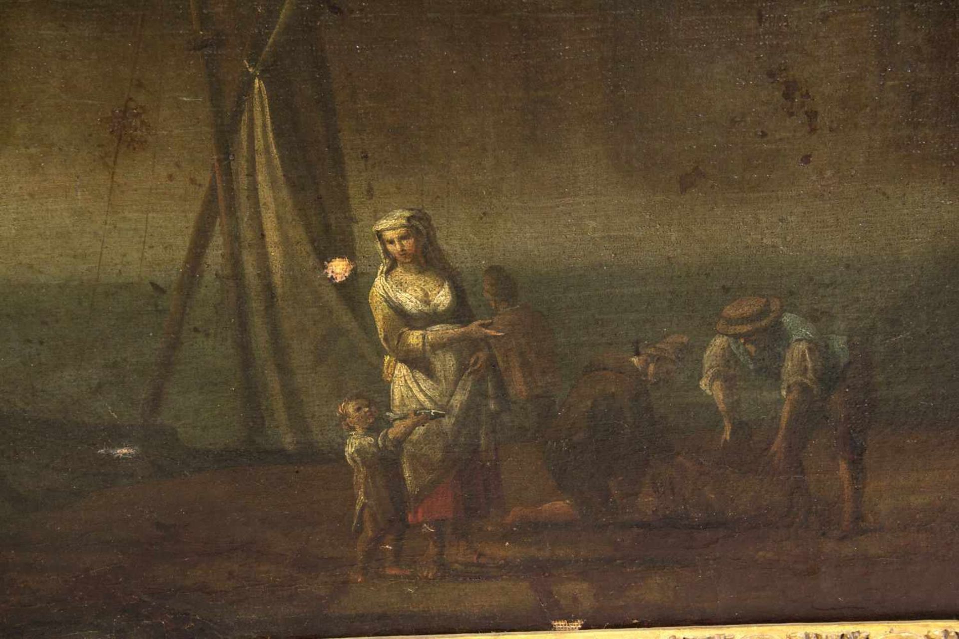 Italien, 18. Jh.Personen in einem Hafen im Abendlicht. Öl/Lwd., doubliert. 100 x 137 cm. Gerahmt. - Bild 2 aus 4