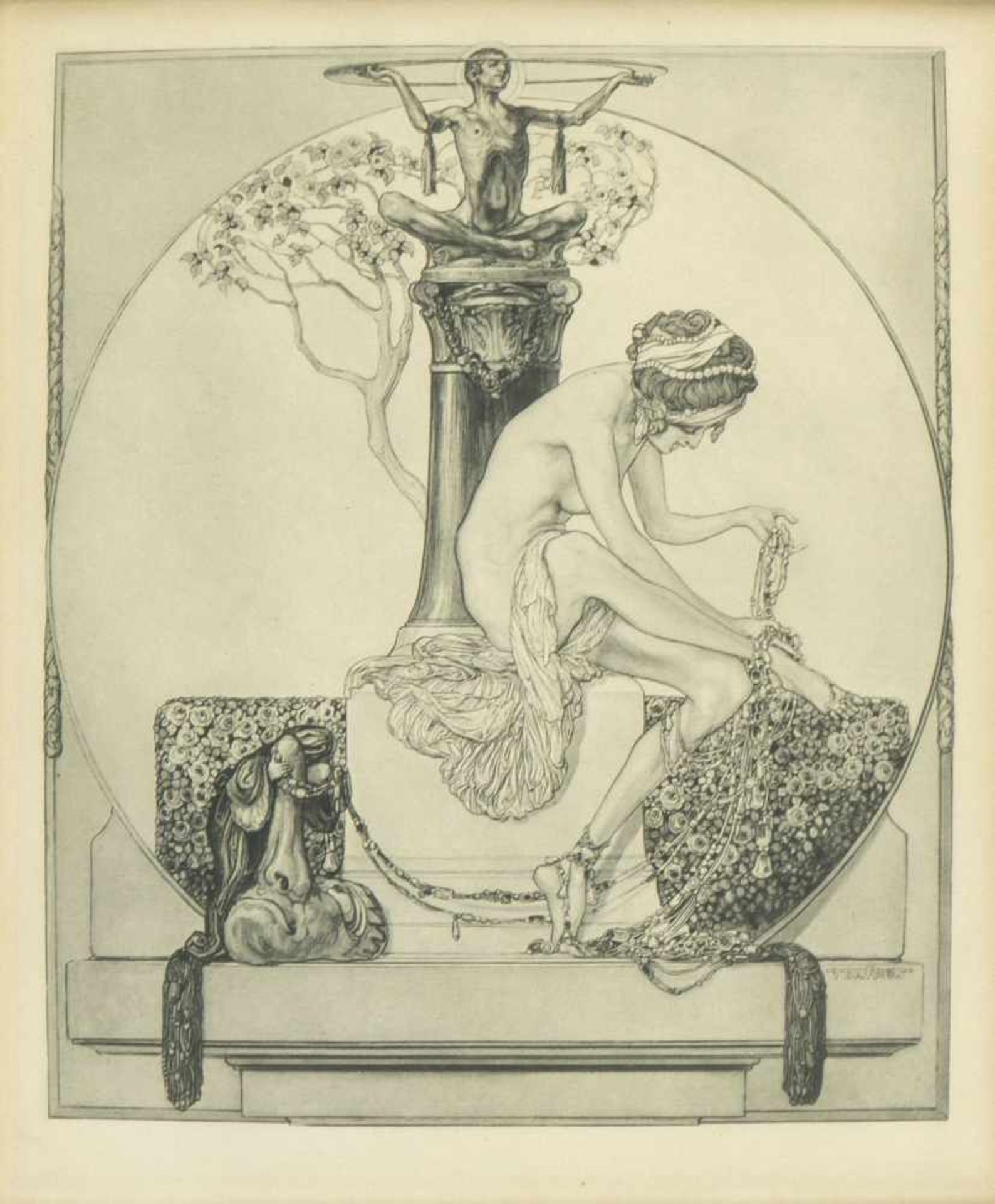 Bayros. Baptiste u.a.Weiblicher Akt mit einem Phallus. Blumenstillleben. Landschaften u.a. 7 Bll. - Image 3 of 5