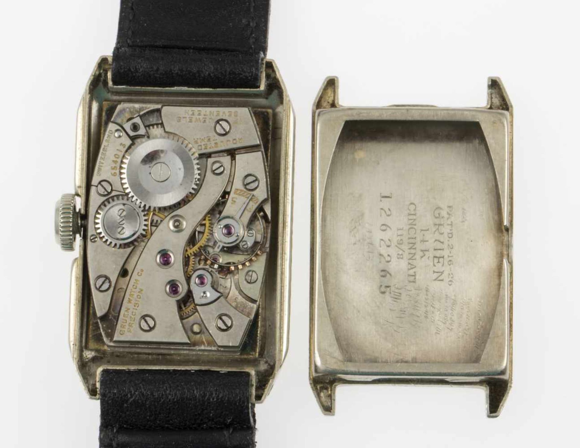 Vintage-Armbanduhr Precision von GruenRechteckiges Gehäuse aus Weißgold 585. Plexiglas. - Bild 4 aus 5