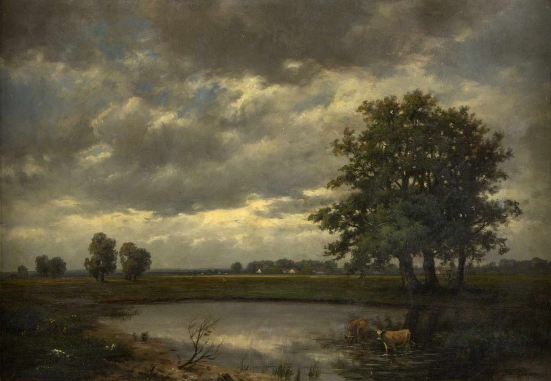 Gruber, Th.Gewitterwolken über einer sommerlichen Landschaft. Öl/Karton. Sign. 37 x 52,5 cm.