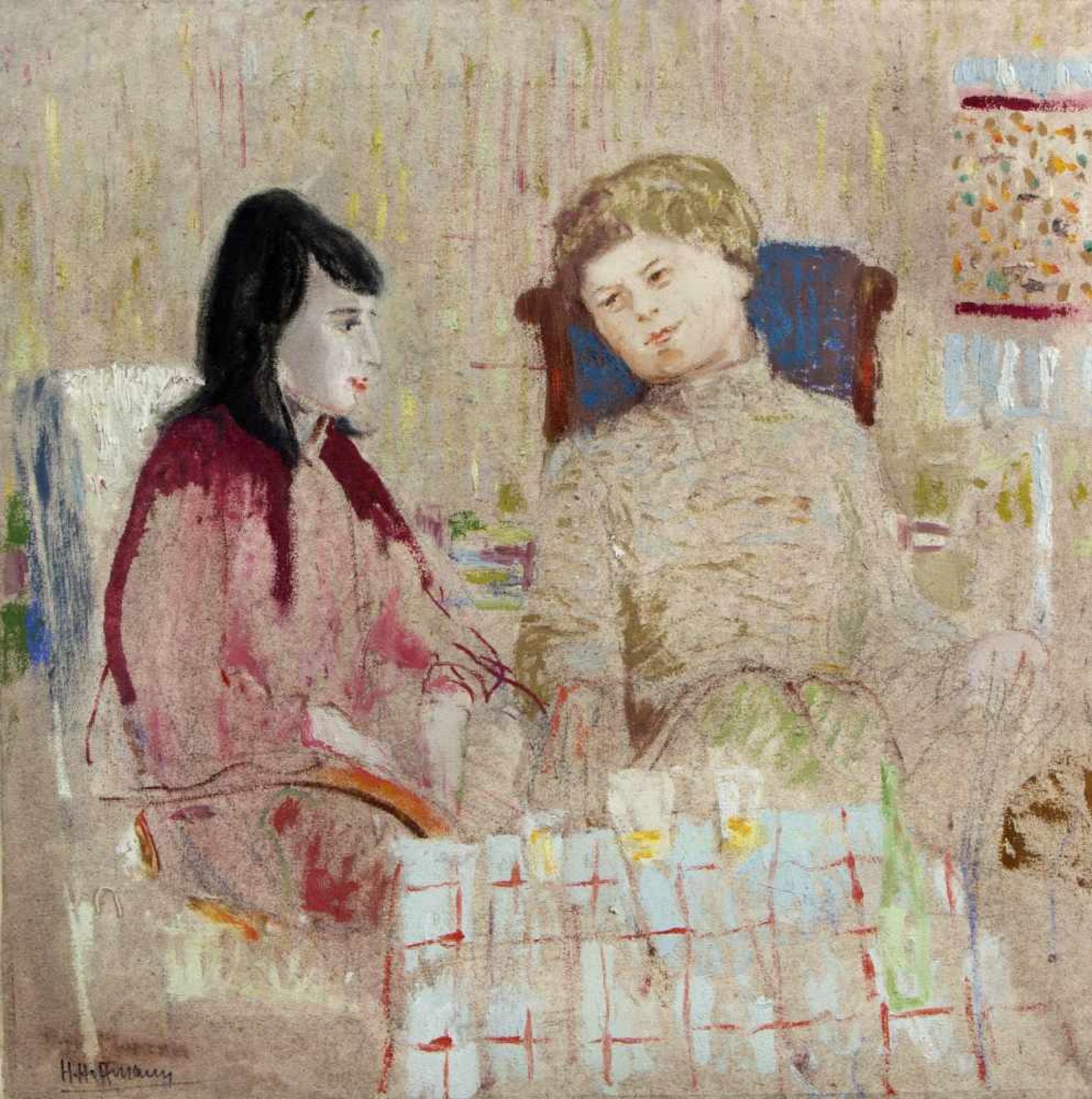 Hoffmann, Helmut. 1928 - 1998Zwei junge Frauen an einem Tisch. Zwei junge Frauen im Gespräch. 2 Gem. - Bild 2 aus 3