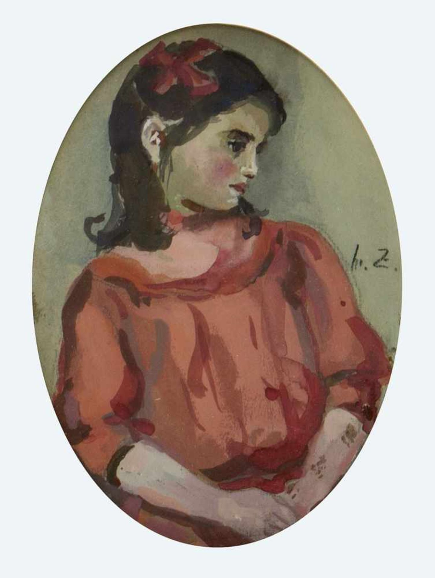 Monogrammist H.Z.Brustbild eines Mädchens im roten Kleid. Gouache. Monogr. 18 x 13 cm.