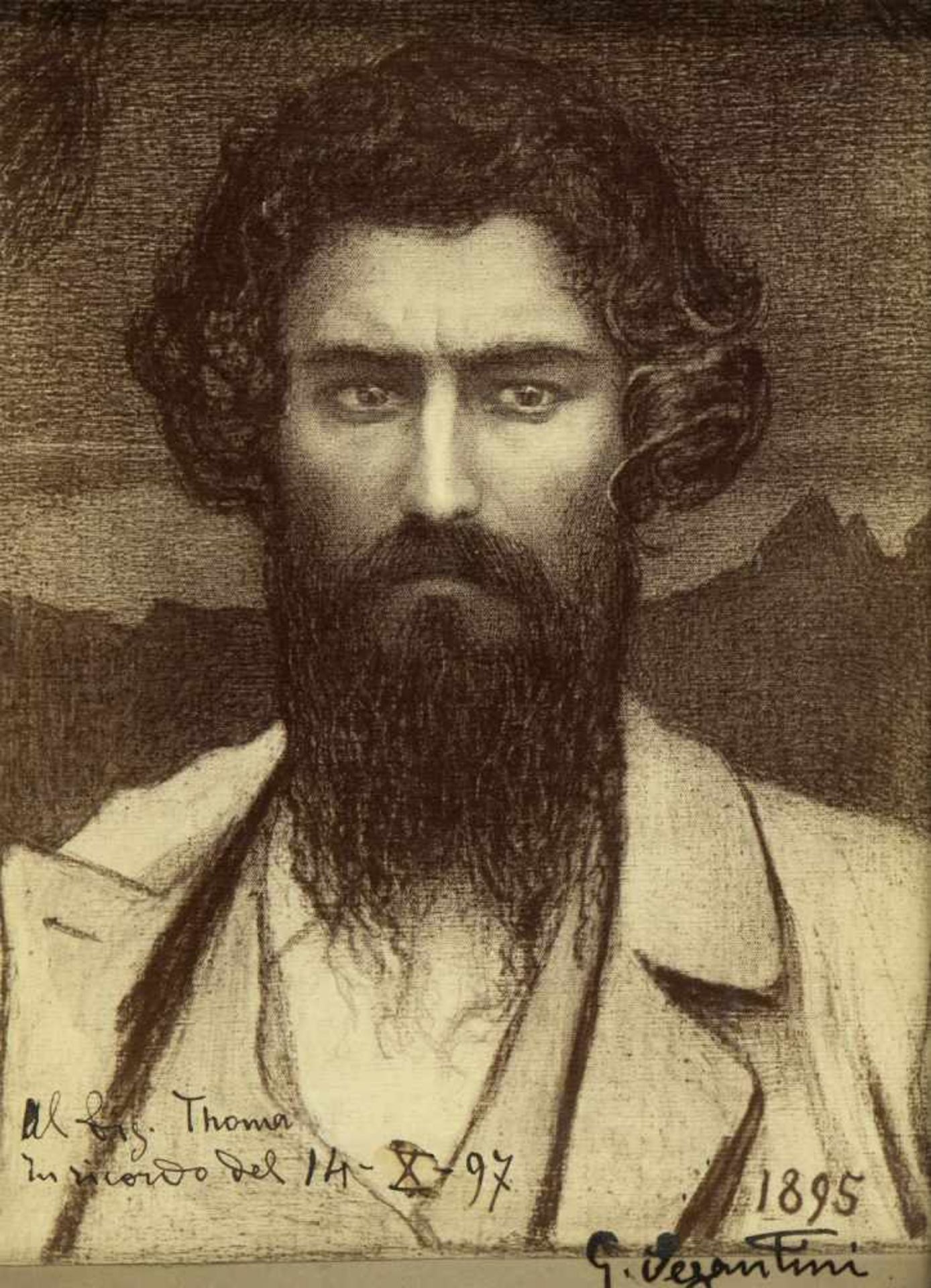 Segantini, Giovanni. 1858 Arco - Pontresina 1899Photographie eines gemalten Selbstportraits mit