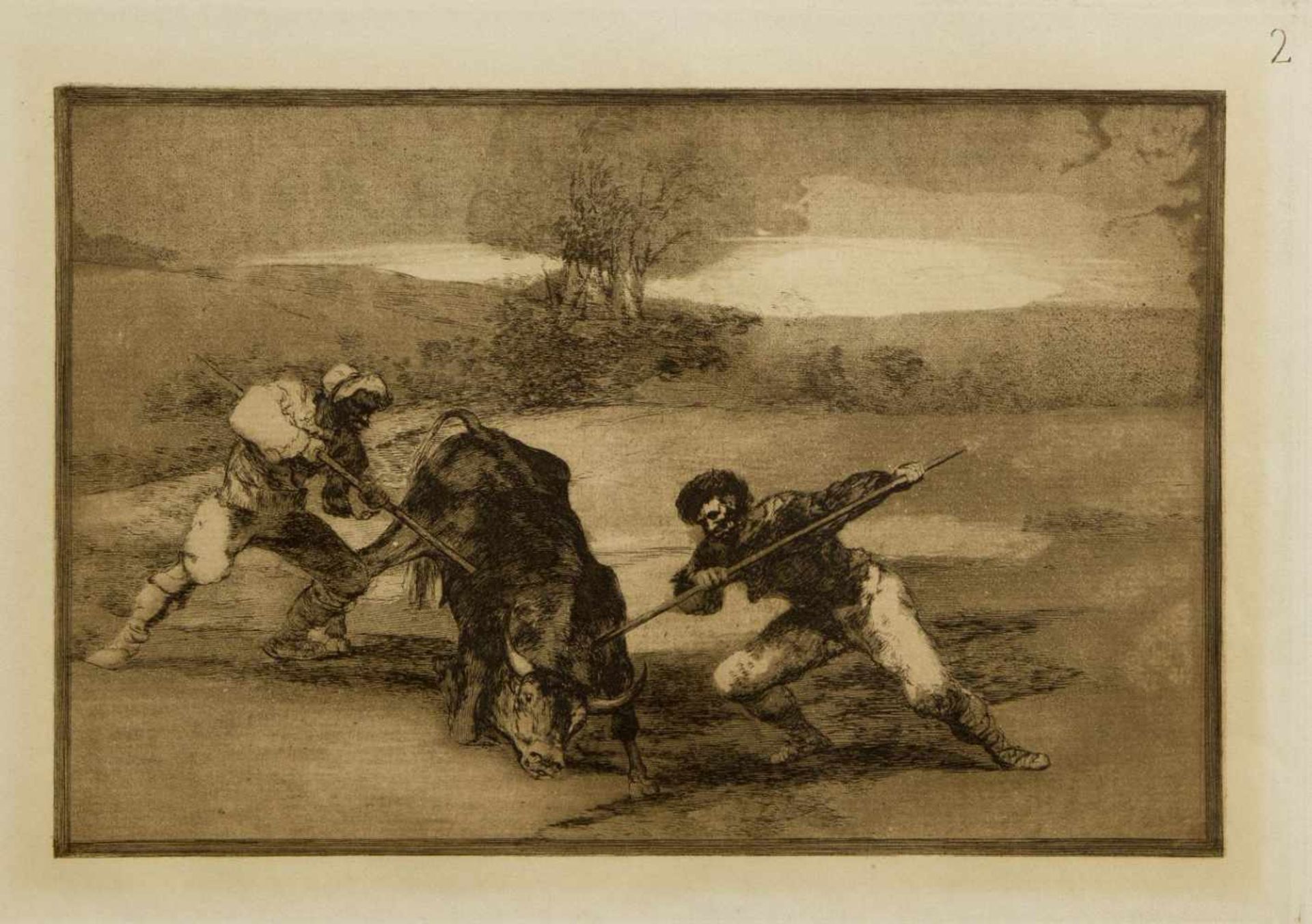 Goya, Francisco de. 1746 Fuendetodos - Bordeaux 1828Stierkampfszenen. 2 Aquatintaradierungen. 24,5 x - Bild 2 aus 3