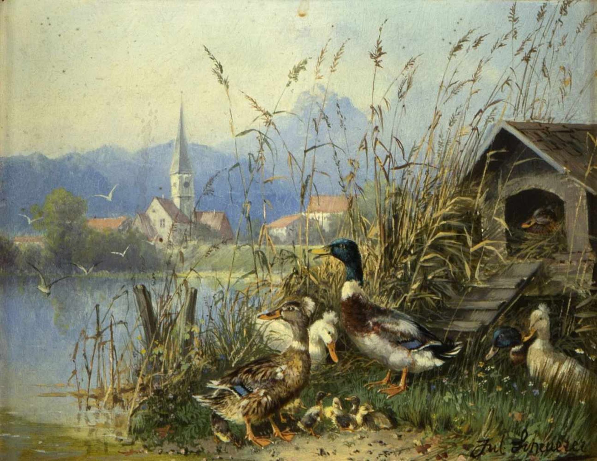 Scheuerer, Julius. 1859 München - Planegg 1913Enten an einem See. Öl/Holz. Sign. 19 x 24,5 cm.