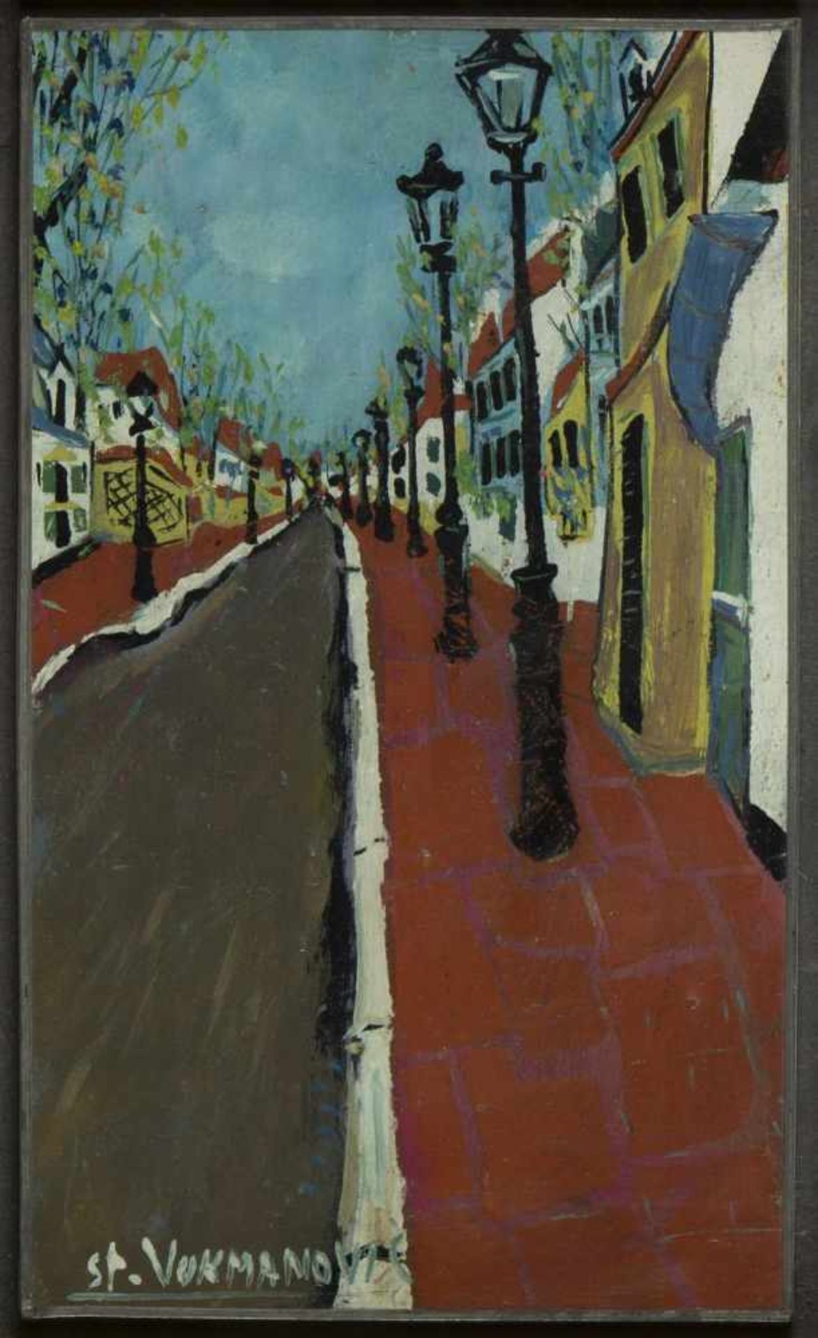 Vukmanovic, Stevan. 1924 Belgrad - Degernau 1995Straße in Schwabing. Öl/Holz. Sign. 42 x 25 cm.