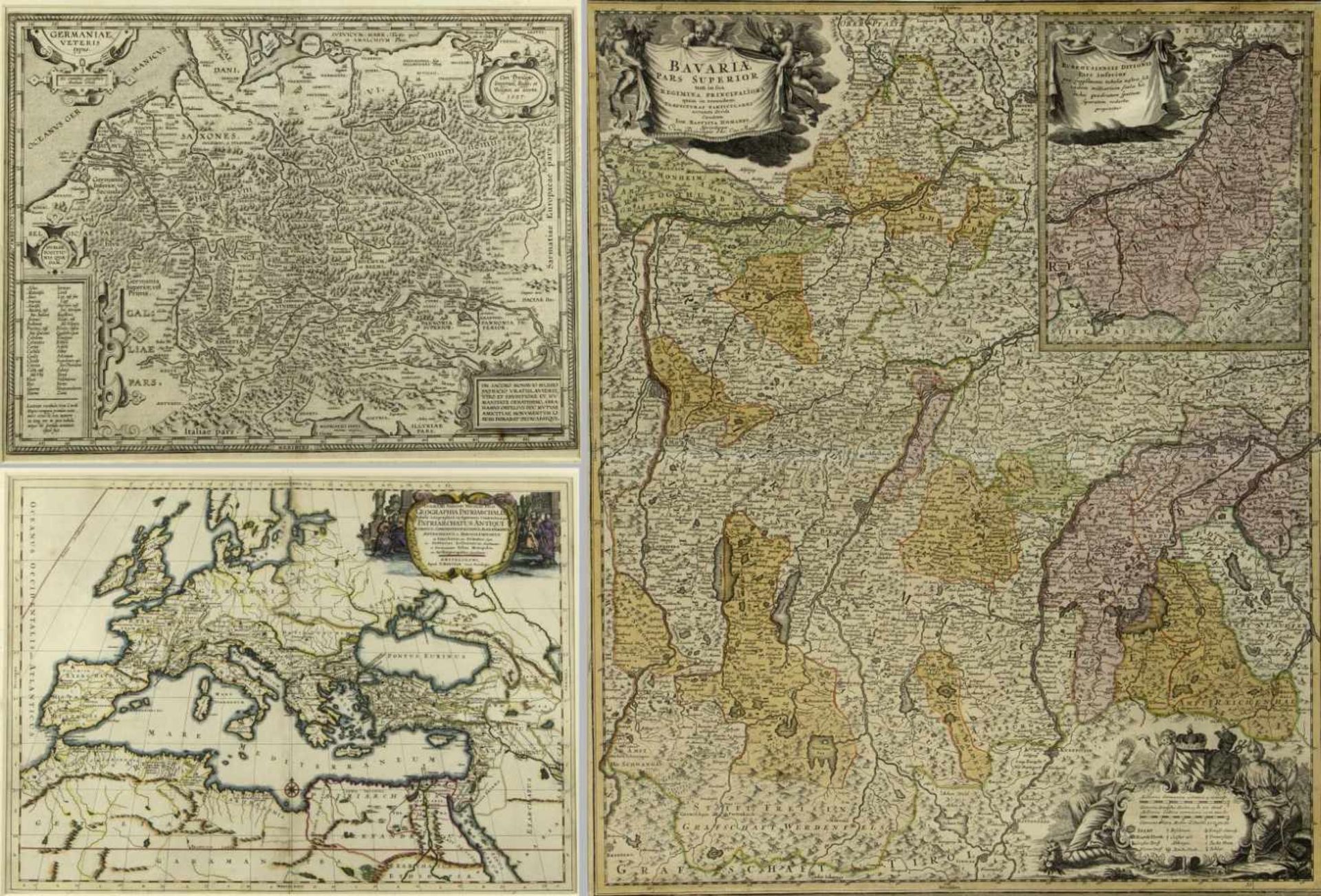 Homann u.a.Karten von Bayern u.a. 3 Bll. versch. Techn. Bis 57,5 x 49 cm.