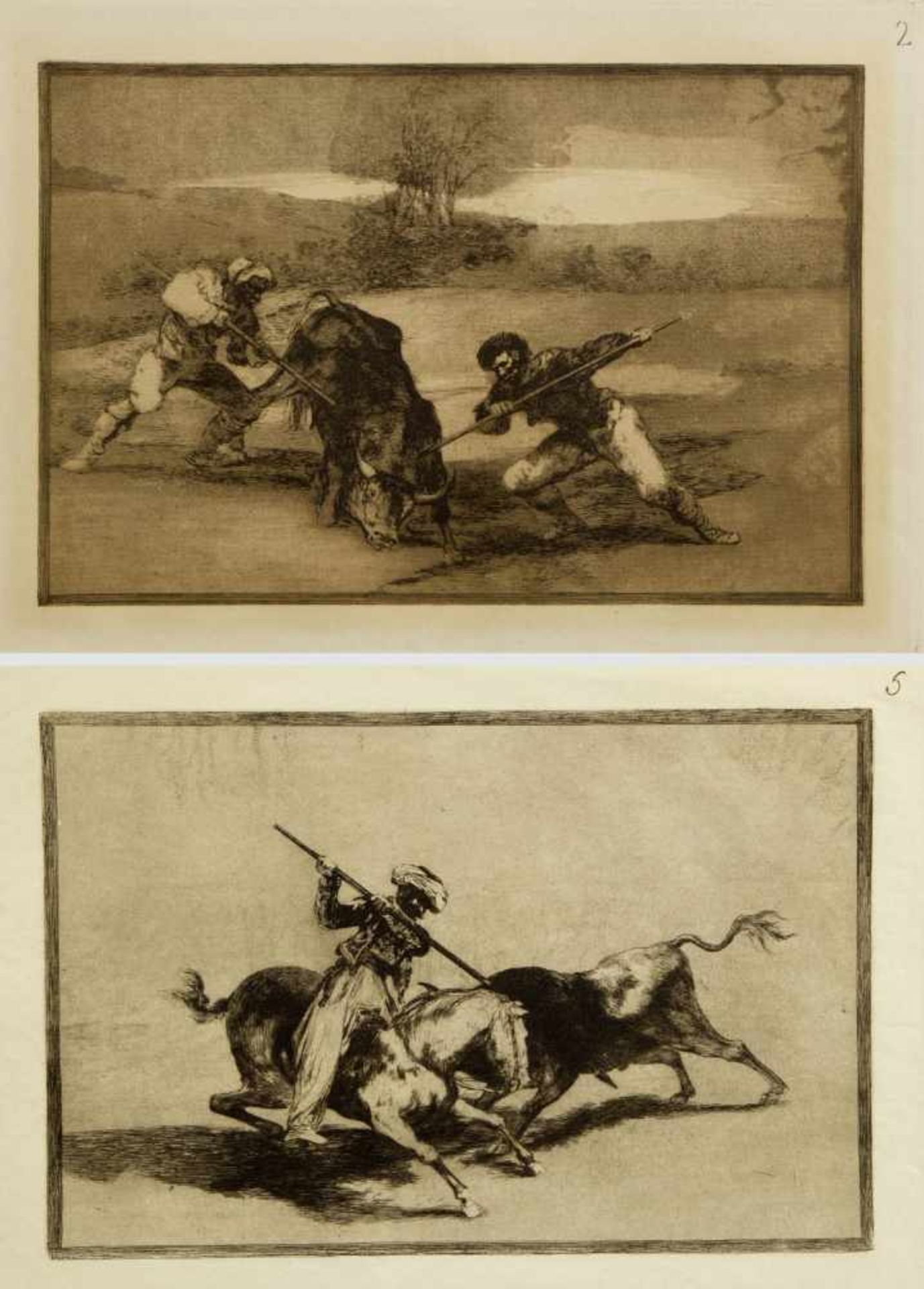 Goya, Francisco de. 1746 Fuendetodos - Bordeaux 1828Stierkampfszenen. 2 Aquatintaradierungen. 24,5 x