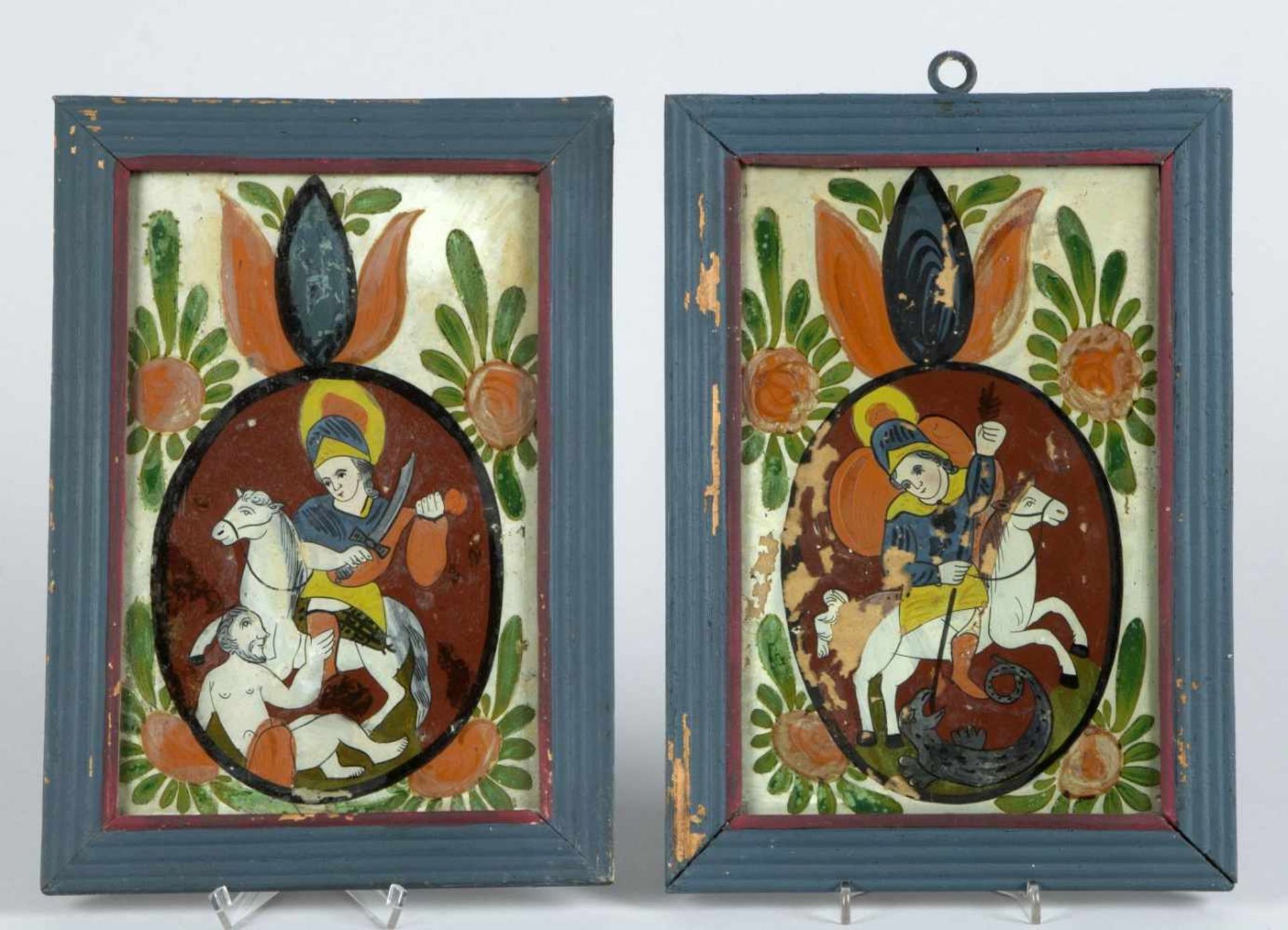 Pendants Hinterglasbilder "Hl. Georg" und "Hl. Martin"Tempera auf Holz. Raimundsreuth, 19. Jh.